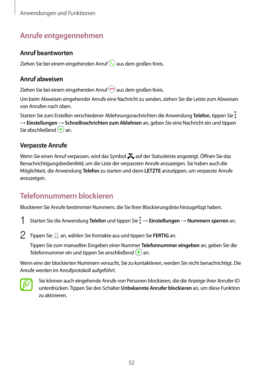 Samsung SM-A320FZKNDBT, SM-A520FZIADBT Anrufe entgegennehmen, Telefonnummern blockieren, Anruf beantworten, Anruf abweisen 