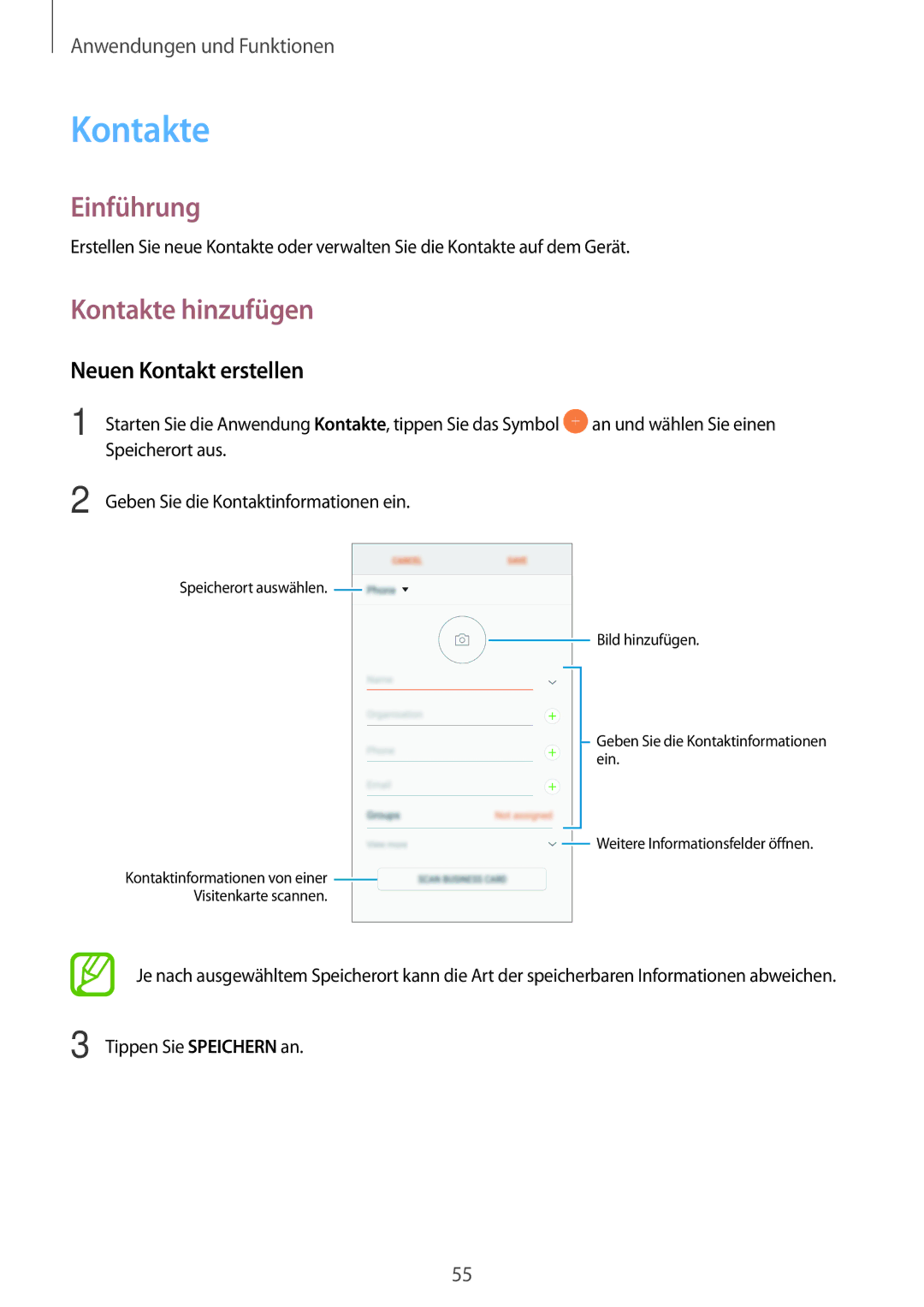 Samsung SM-A320FZBNDBT, SM-A520FZIADBT, SM-A520FZBADBT, SM-A320FZDNDBT manual Kontakte hinzufügen, Neuen Kontakt erstellen 