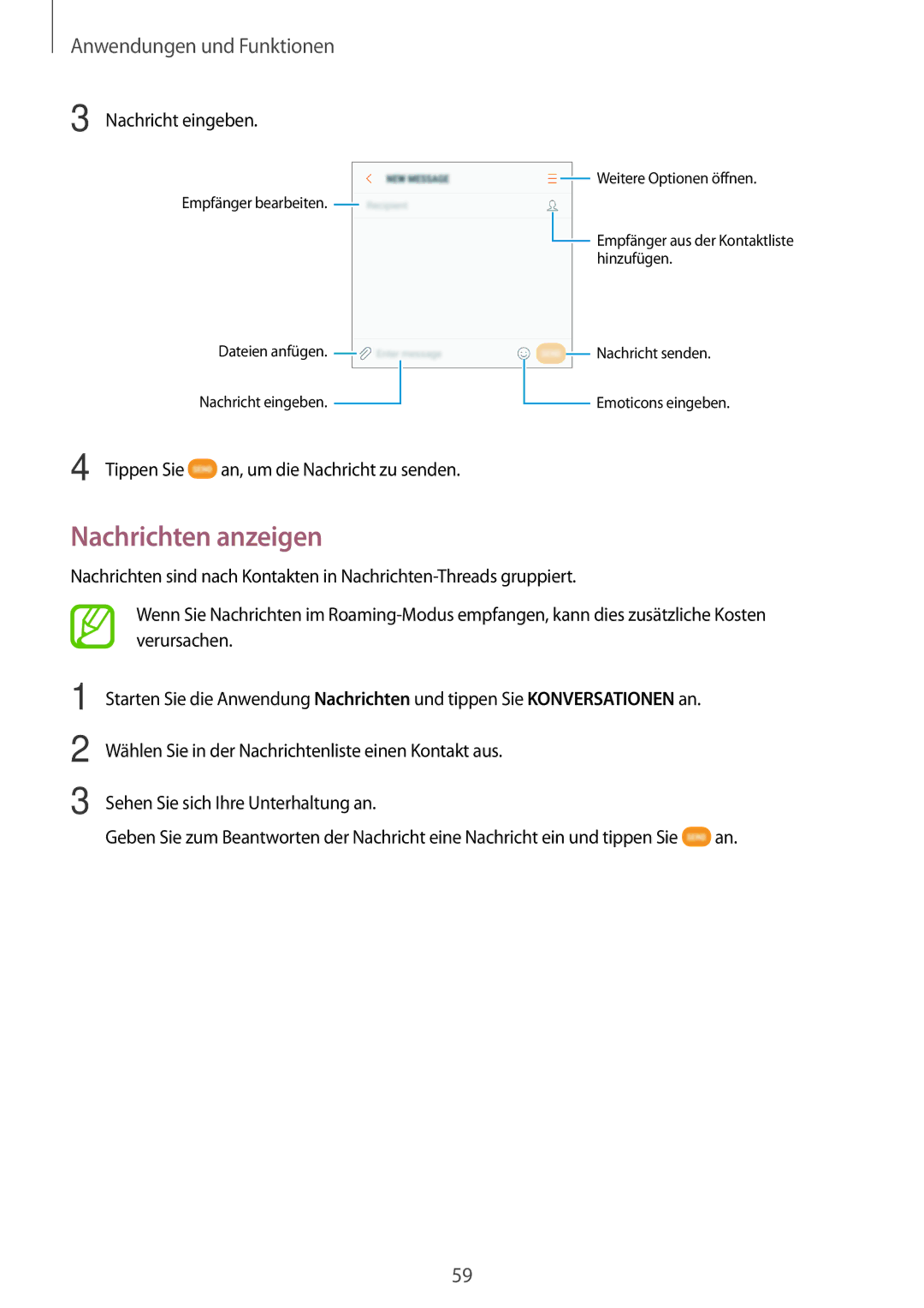 Samsung SM-A520FZKADBT, SM-A520FZIADBT, SM-A520FZBADBT, SM-A320FZDNDBT manual Nachrichten anzeigen, Nachricht eingeben 