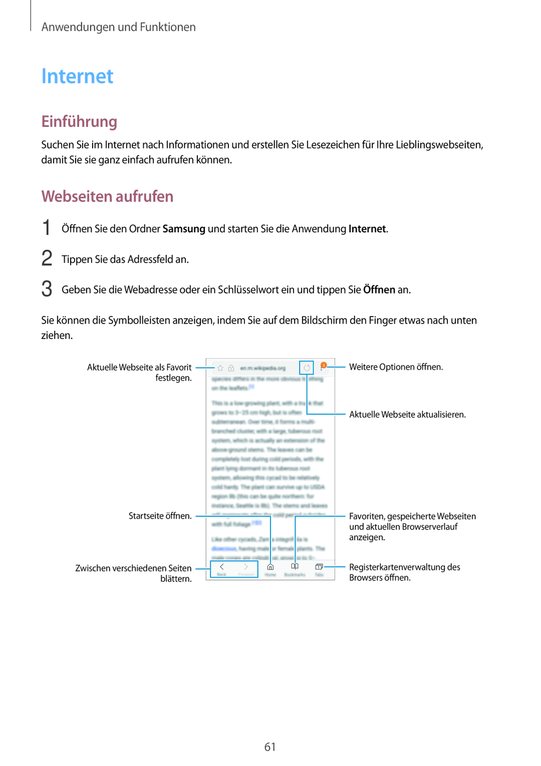 Samsung SM-A520FZDADBT, SM-A520FZIADBT, SM-A520FZBADBT, SM-A320FZDNDBT, SM-A520FZKADBT manual Internet, Webseiten aufrufen 