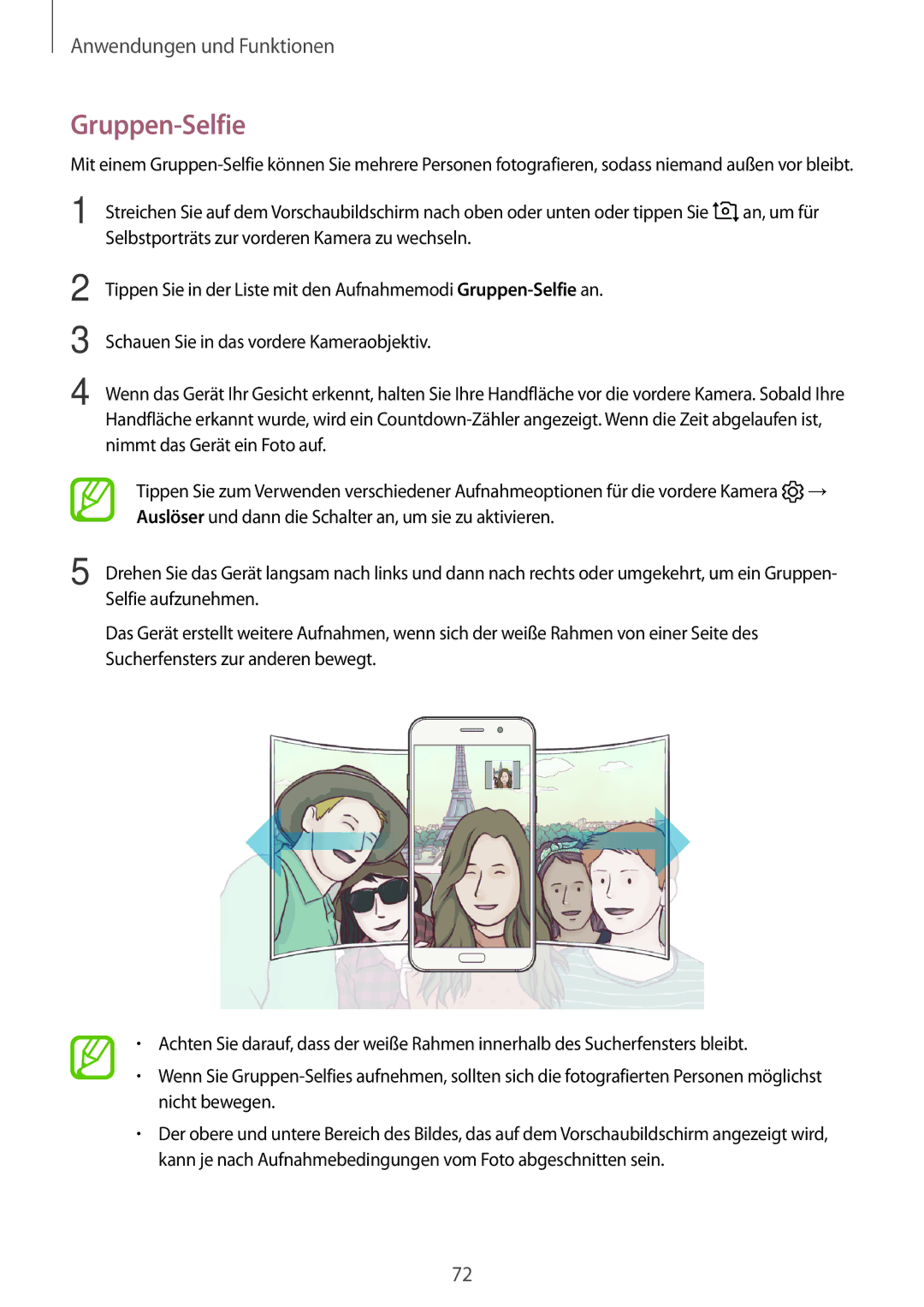 Samsung SM-A520FZIADBT, SM-A520FZBADBT, SM-A320FZDNDBT, SM-A520FZKADBT, SM-A320FZKNDBT, SM-A520FZDADBT manual Gruppen-Selfie 