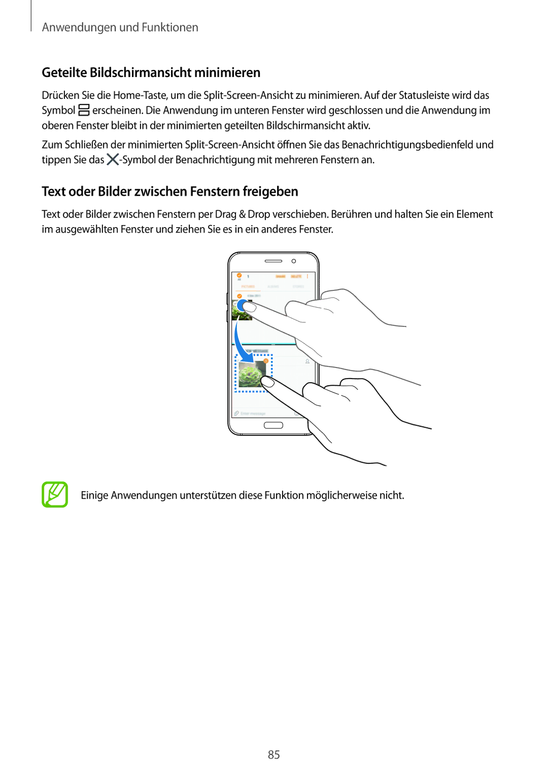 Samsung SM-A520FZDADBT, SM-A520FZIADBT Geteilte Bildschirmansicht minimieren, Text oder Bilder zwischen Fenstern freigeben 