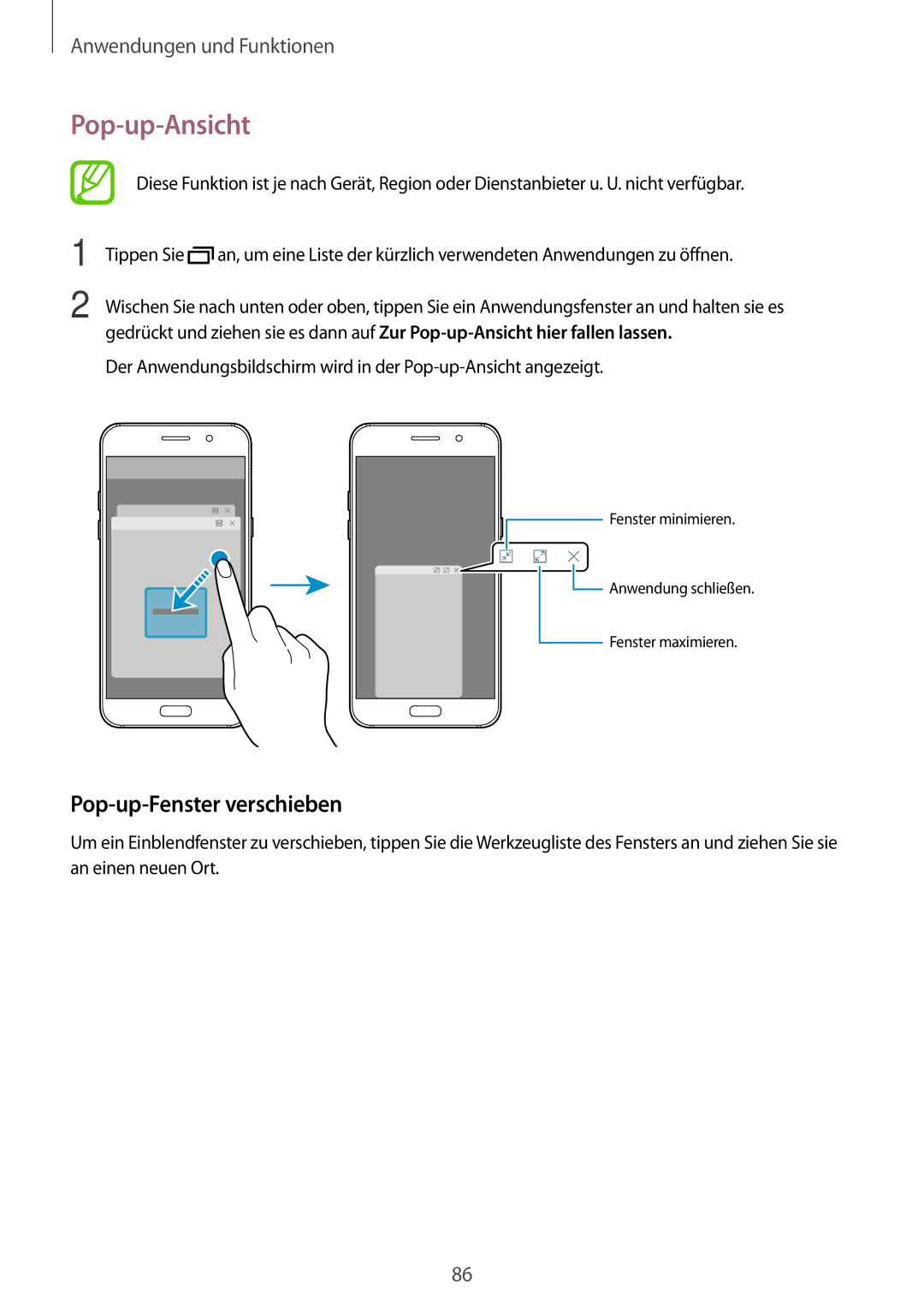 Samsung SM-A320FZINDBT, SM-A520FZIADBT, SM-A520FZBADBT, SM-A320FZDNDBT manual Pop-up-Ansicht, Pop-up-Fenster verschieben 