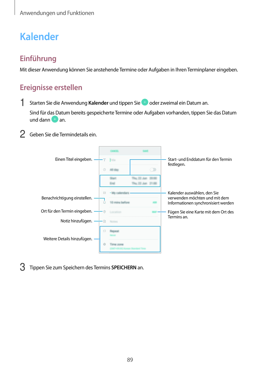 Samsung SM-A520FZBADBT, SM-A520FZIADBT, SM-A320FZDNDBT, SM-A520FZKADBT, SM-A320FZKNDBT manual Kalender, Ereignisse erstellen 