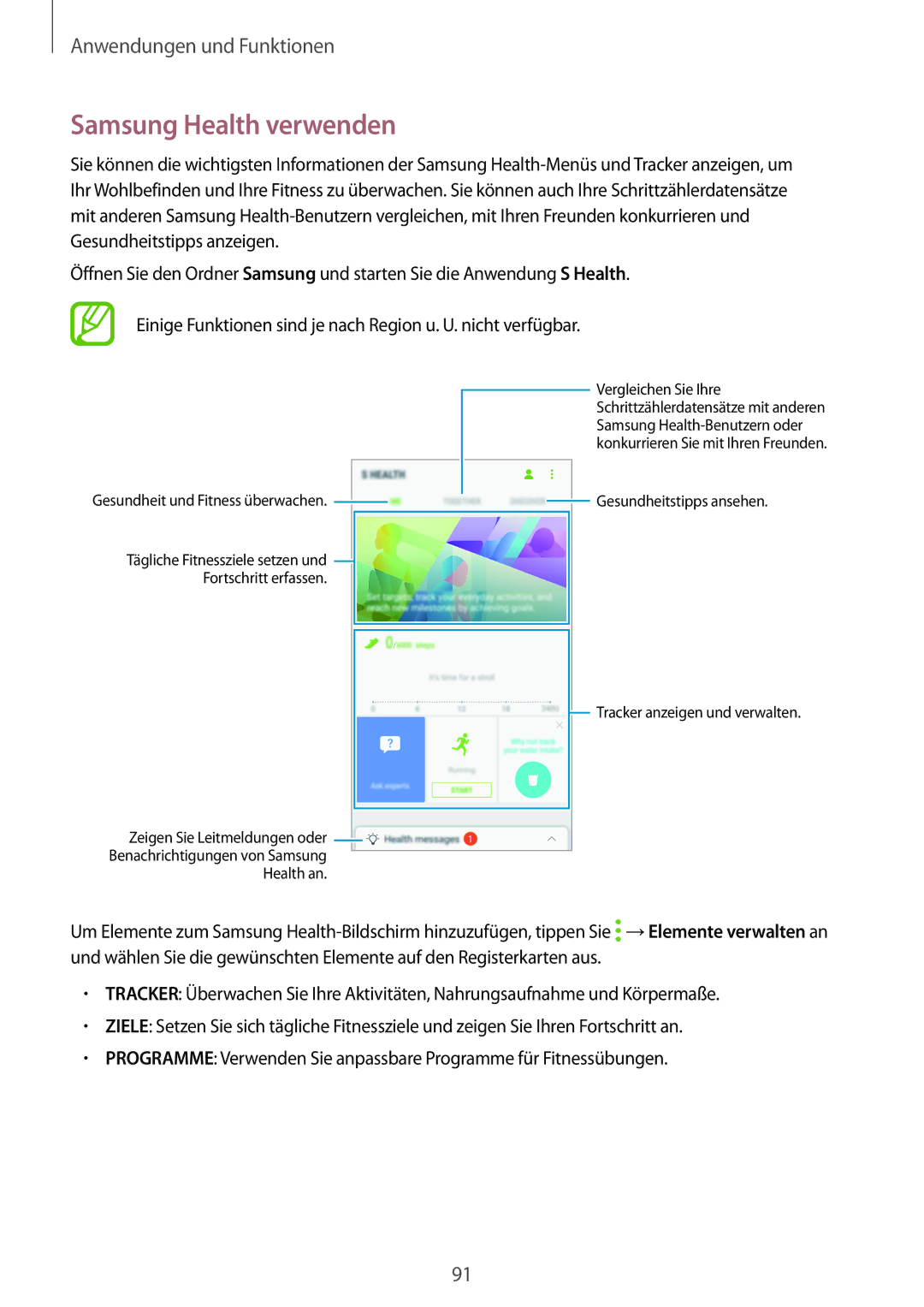 Samsung SM-A520FZKADBT, SM-A520FZIADBT, SM-A520FZBADBT manual Samsung Health verwenden, Gesundheit und Fitness überwachen 