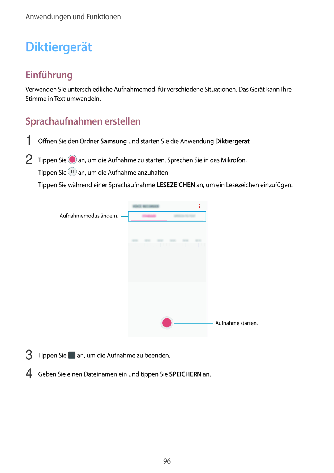 Samsung SM-A520FZIADBT, SM-A520FZBADBT, SM-A320FZDNDBT, SM-A520FZKADBT manual Diktiergerät, Sprachaufnahmen erstellen 