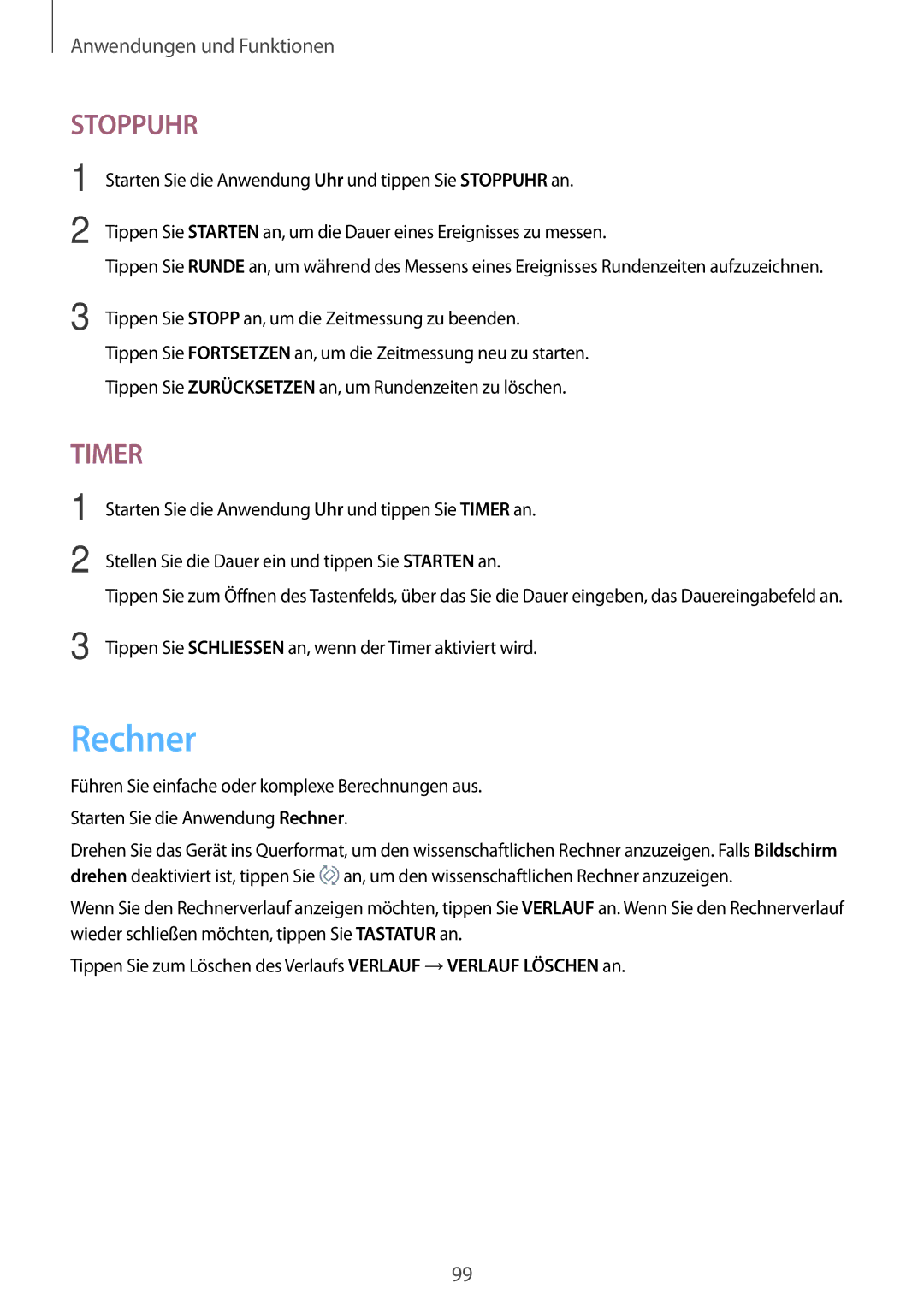 Samsung SM-A520FZKADBT, SM-A520FZIADBT, SM-A520FZBADBT, SM-A320FZDNDBT, SM-A320FZKNDBT, SM-A520FZDADBT manual Rechner, Stoppuhr 