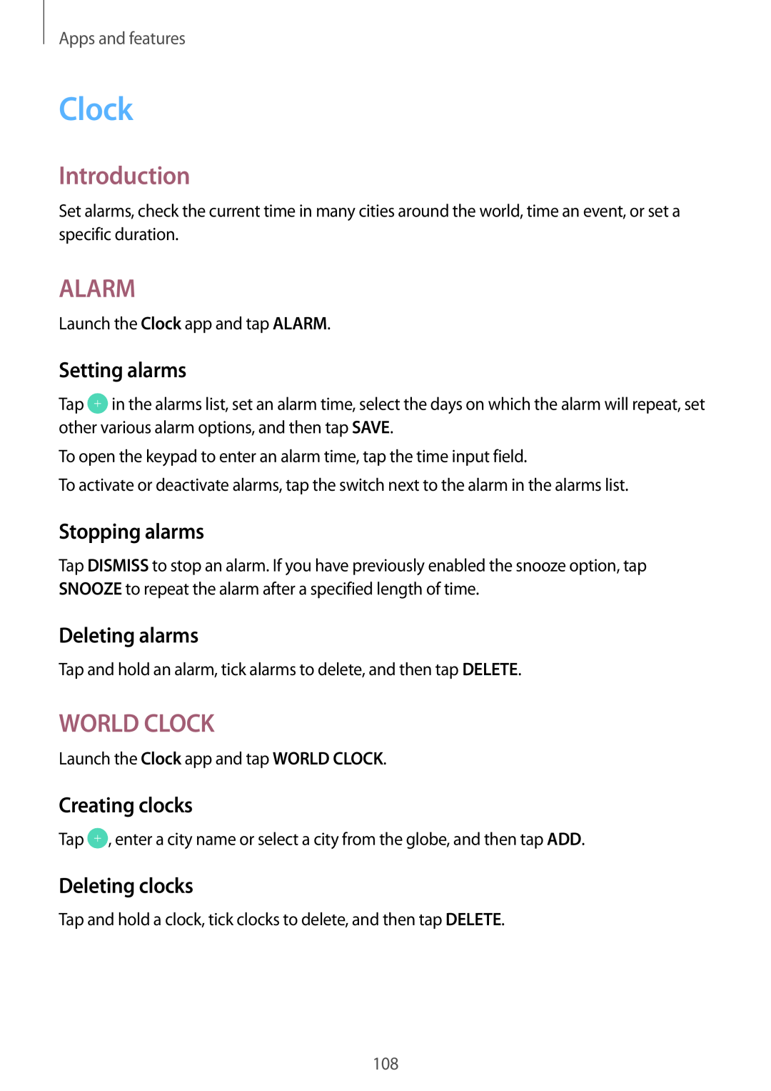 Samsung SM-A720FZDAILO manual Alarm, World Clock, Setting alarms, Stopping alarms, Deleting alarms, Creating clocks 