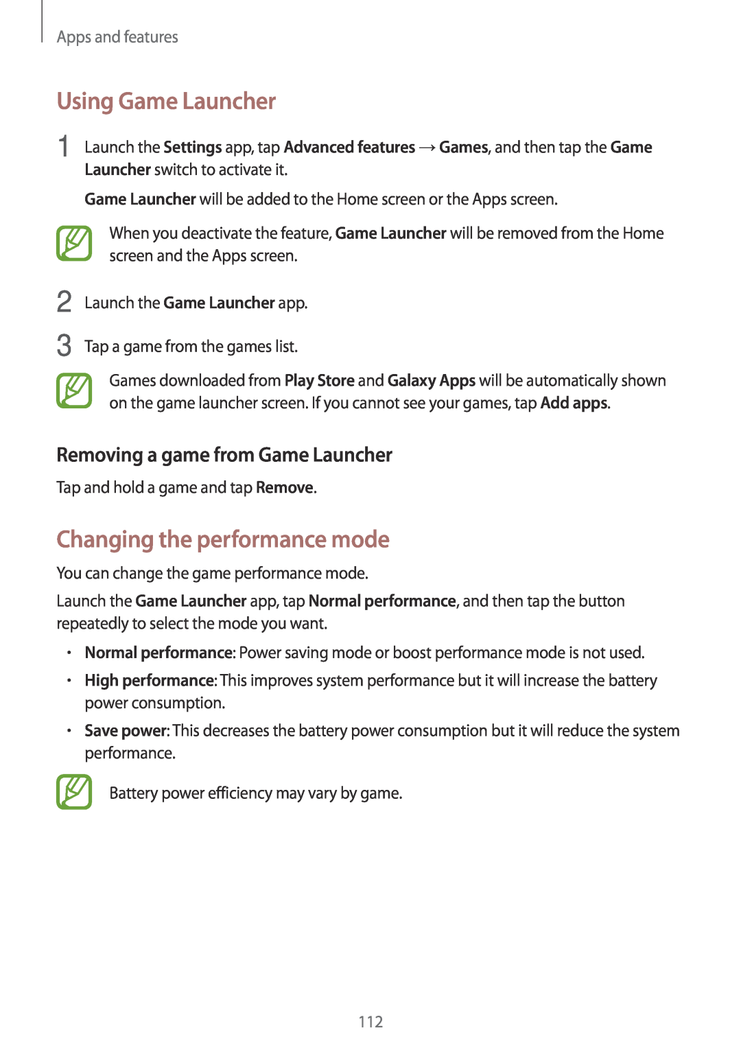 Samsung SM-A520FZDDSER manual Using Game Launcher, Changing the performance mode, Removing a game from Game Launcher 