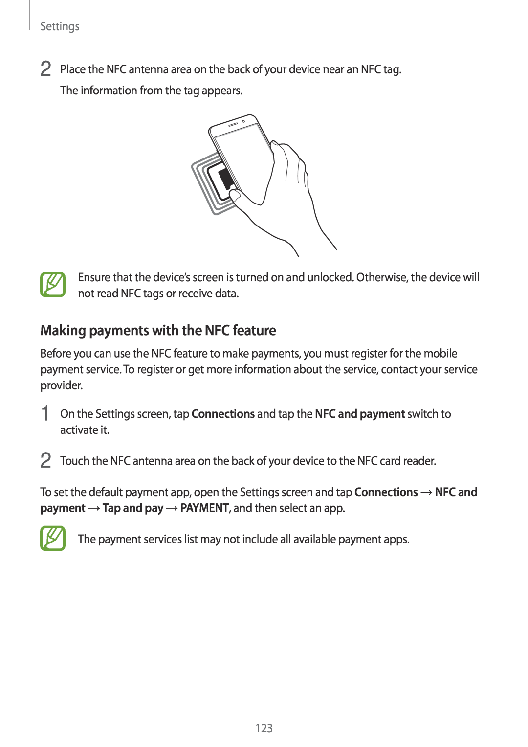 Samsung SM-A520FZDAXEF, SM-A520FZIADBT, SM-A520FZBADBT, SM-A320FZDNDBT manual Making payments with the NFC feature, Settings 