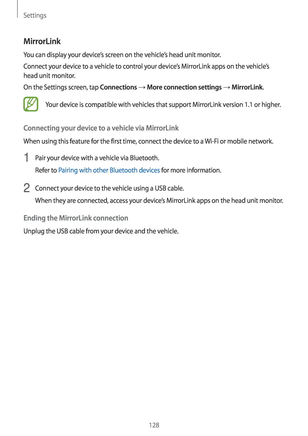 Samsung SM-A320FZINXEF Connecting your device to a vehicle via MirrorLink, Ending the MirrorLink connection, Settings 