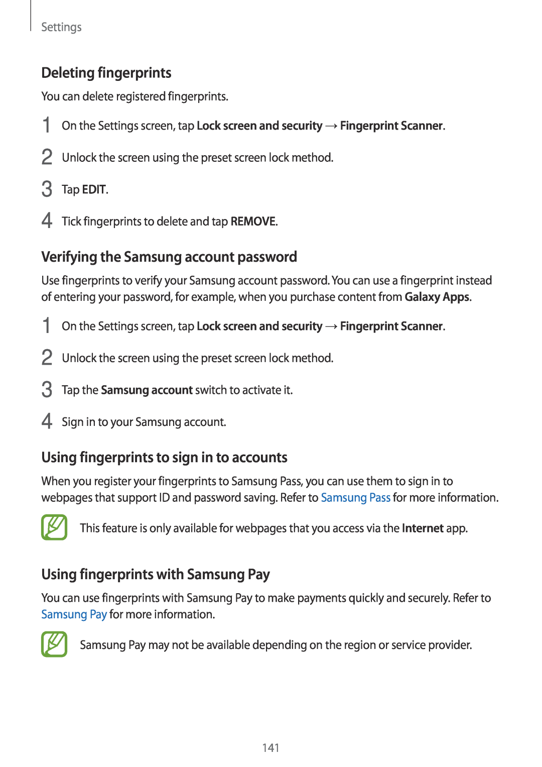 Samsung SM-A520FZKAPHE Deleting fingerprints, Verifying the Samsung account password, Using fingerprints with Samsung Pay 