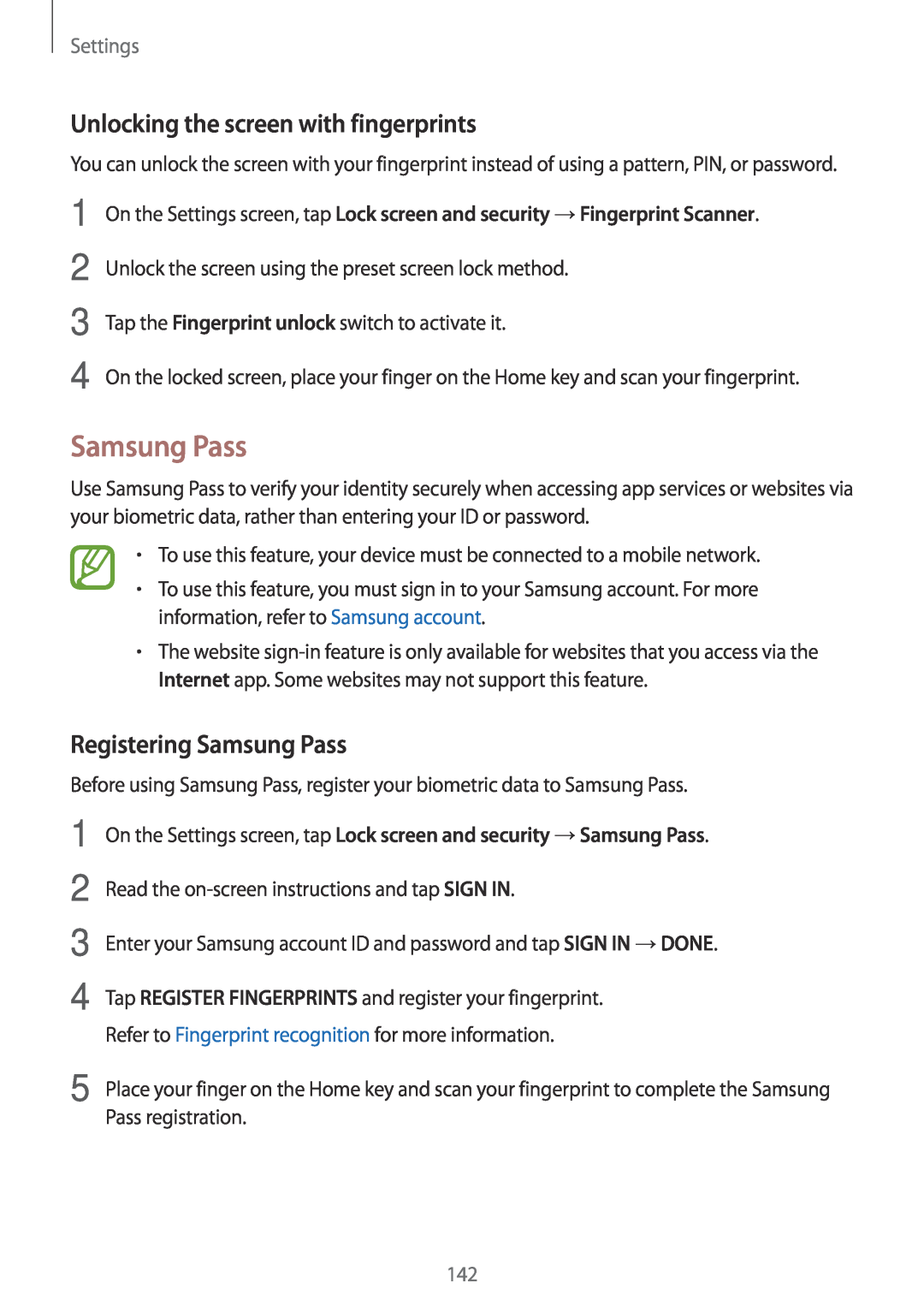 Samsung SM-A520FZIAPHE, SM-A520FZIADBT manual Unlocking the screen with fingerprints, Registering Samsung Pass, Settings 