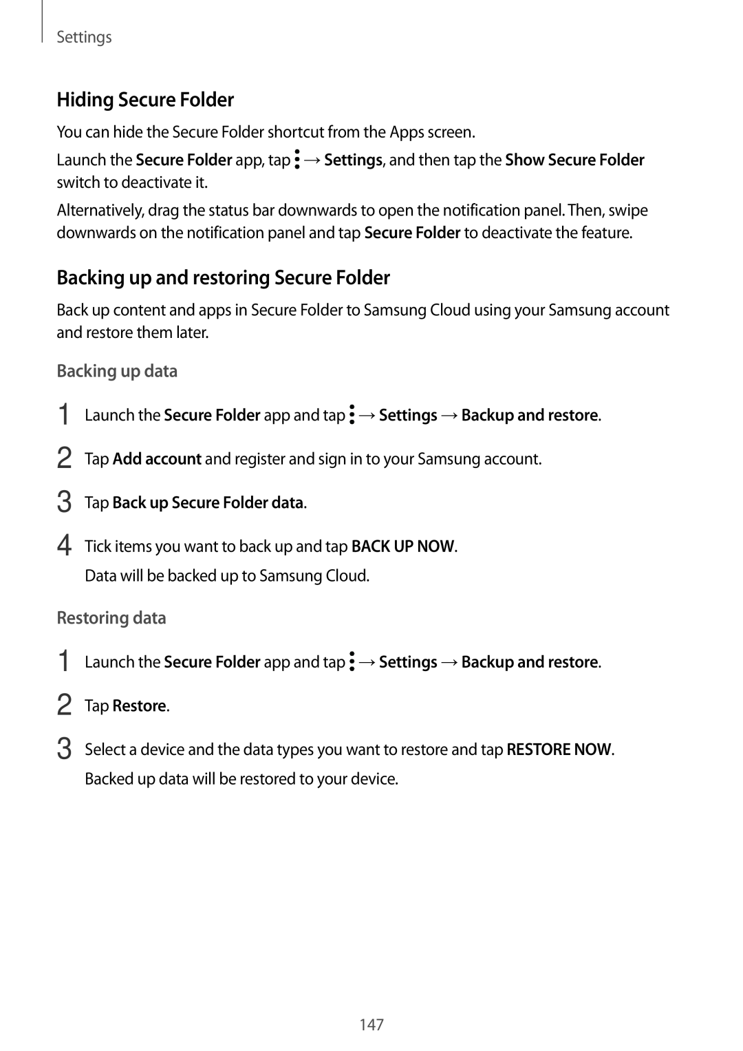 Samsung SM-A520FZBDKSA manual Hiding Secure Folder, Backing up and restoring Secure Folder, Backing up data, Restoring data 
