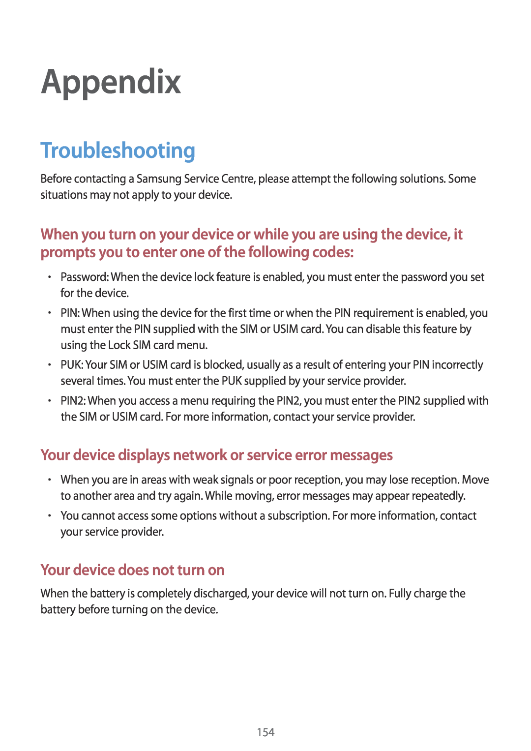 Samsung SM-A720FZBDKSA, SM-A520FZIADBT Appendix, Troubleshooting, Your device displays network or service error messages 