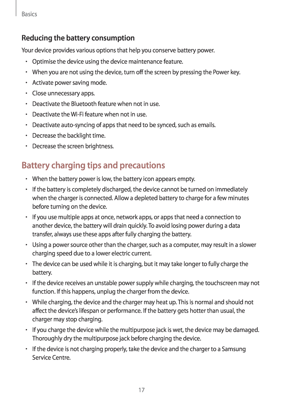 Samsung SM-A320FZBNITV, SM-A520FZIADBT Battery charging tips and precautions, Reducing the battery consumption, Basics 