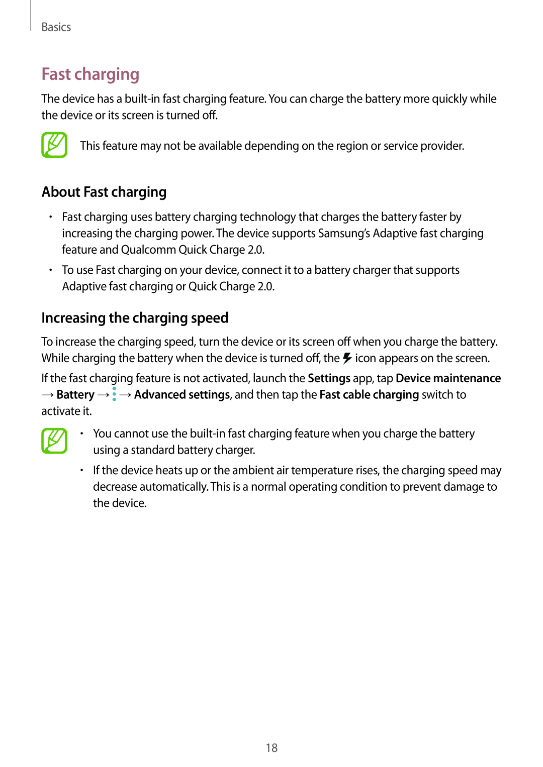 Samsung SM-A320FZINITV, SM-A520FZIADBT, SM-A520FZBADBT manual About Fast charging, Increasing the charging speed, Basics 