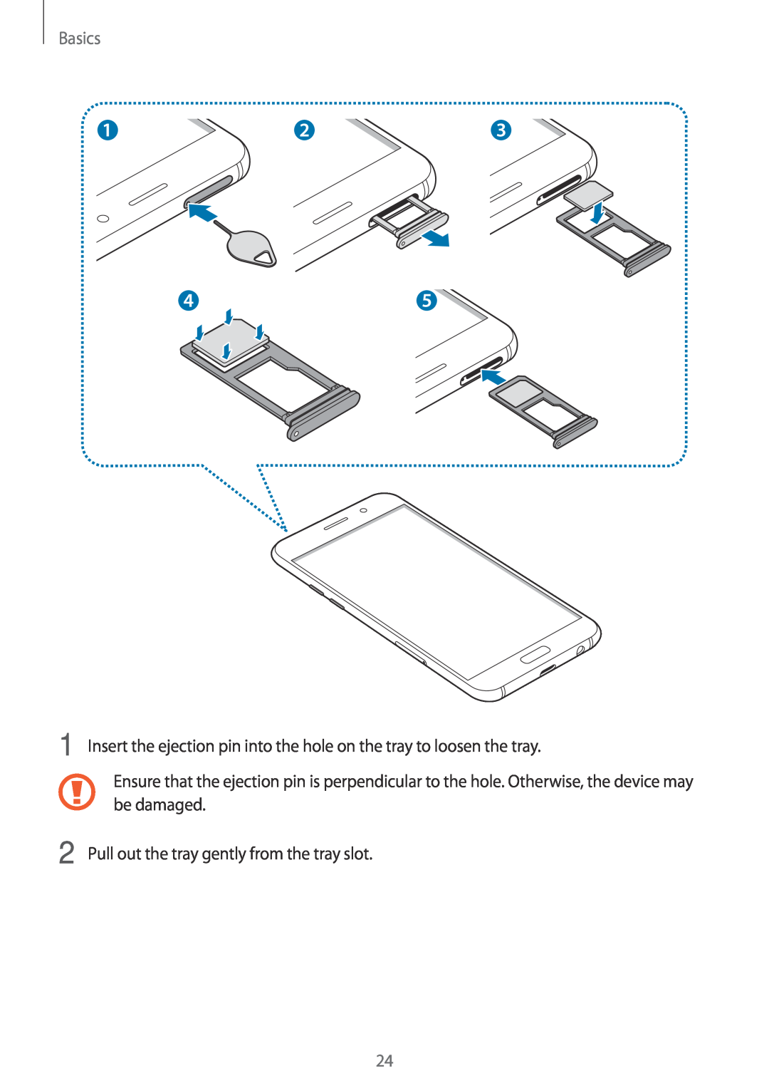 Samsung SM-A320FZINPHE manual Basics, Insert the ejection pin into the hole on the tray to loosen the tray, be damaged 