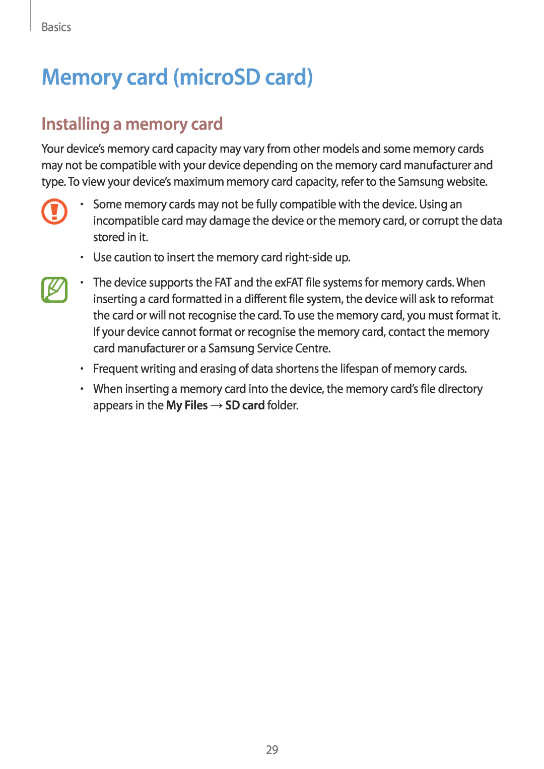 Samsung SM-A320FZDNPHE, SM-A520FZIADBT, SM-A520FZBADBT manual Memory card microSD card, Installing a memory card, Basics 