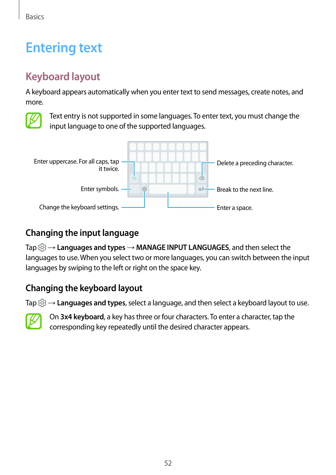 Samsung SM-A520FZIABGL Entering text, Keyboard layout, Changing the input language, Changing the keyboard layout, Basics 