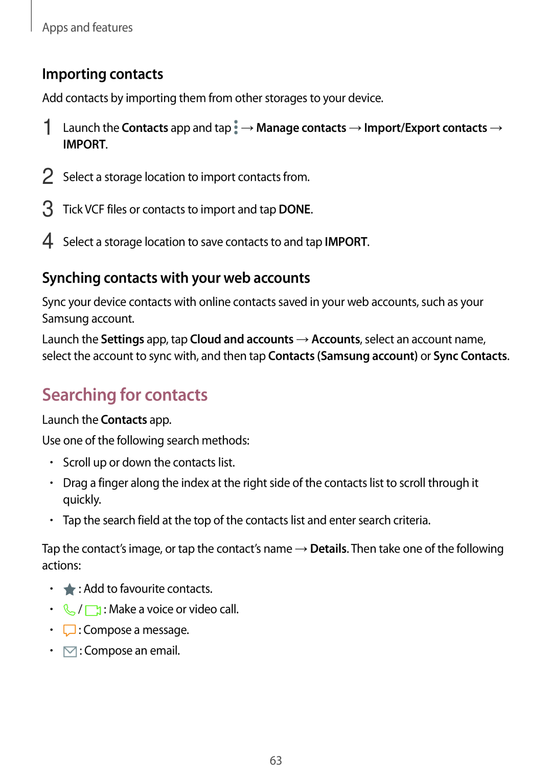 Samsung SM-A320FZINETL manual Searching for contacts, Importing contacts, Synching contacts with your web accounts 