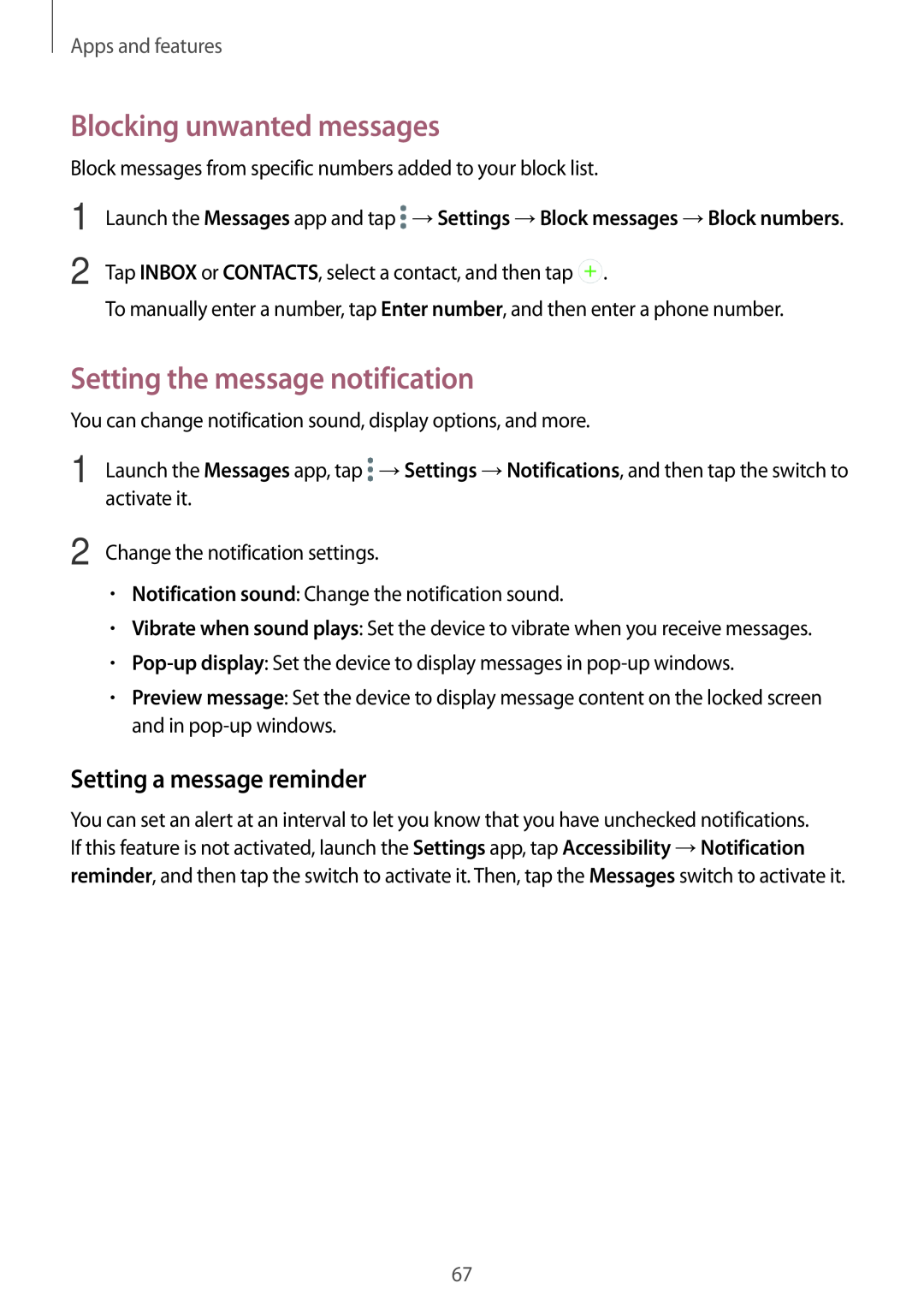 Samsung SM-A520FZKAETL manual Blocking unwanted messages, Setting the message notification, Setting a message reminder 