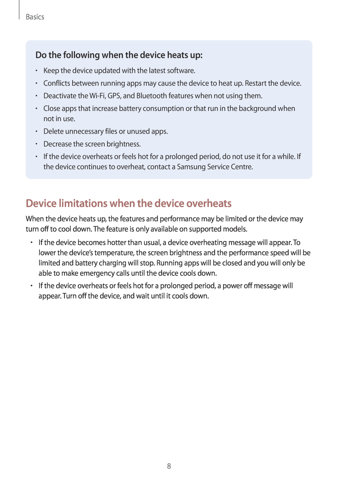 Samsung SM-A520FZBAXEF Device limitations when the device overheats, Do the following when the device heats up, Basics 
