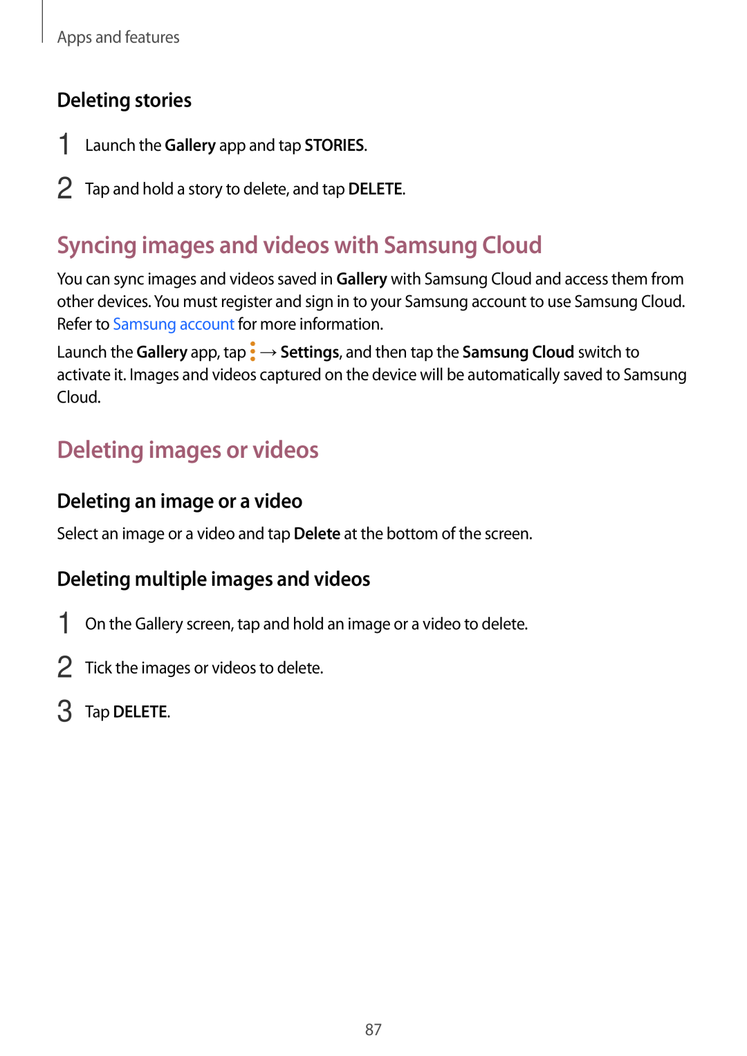 Samsung SM-A320FZDNCOS manual Syncing images and videos with Samsung Cloud, Deleting images or videos, Deleting stories 
