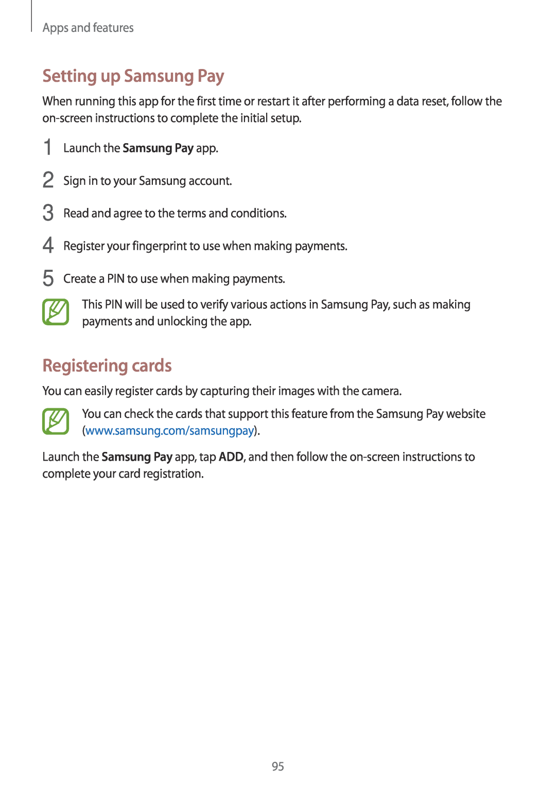 Samsung SM-A320FZKNEUR, SM-A520FZIADBT, SM-A520FZBADBT manual Setting up Samsung Pay, Registering cards, Apps and features 