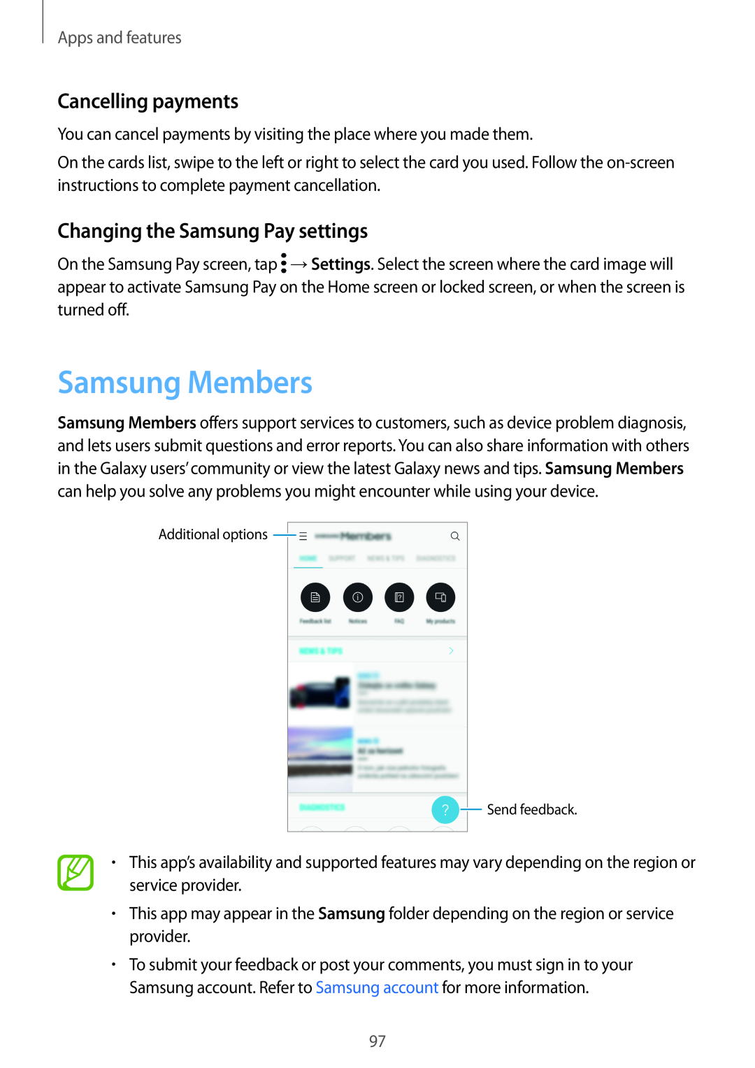 Samsung SM-A520FZKACYV manual Samsung Members, Cancelling payments, Changing the Samsung Pay settings, Apps and features 