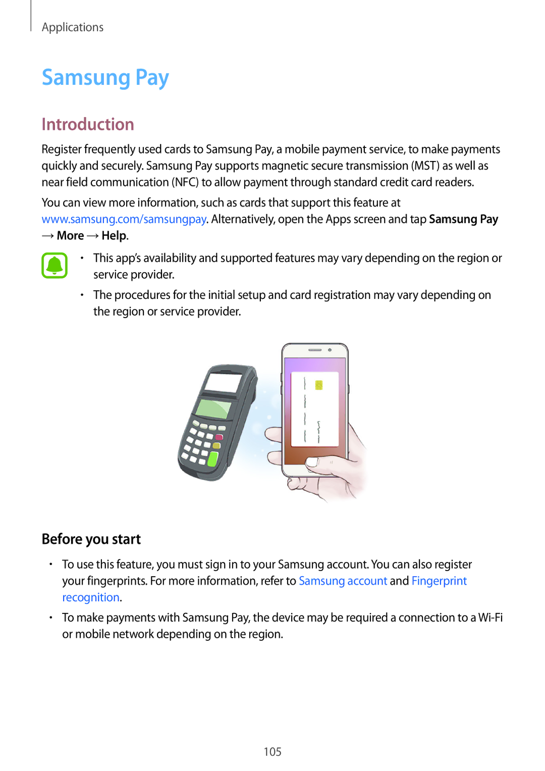 Samsung SM-A520FZBAETL, SM-A520FZIADBT, SM-A520FZBADBT, SM-A520FZKADBT manual Samsung Pay, Before you start, → More →Help 