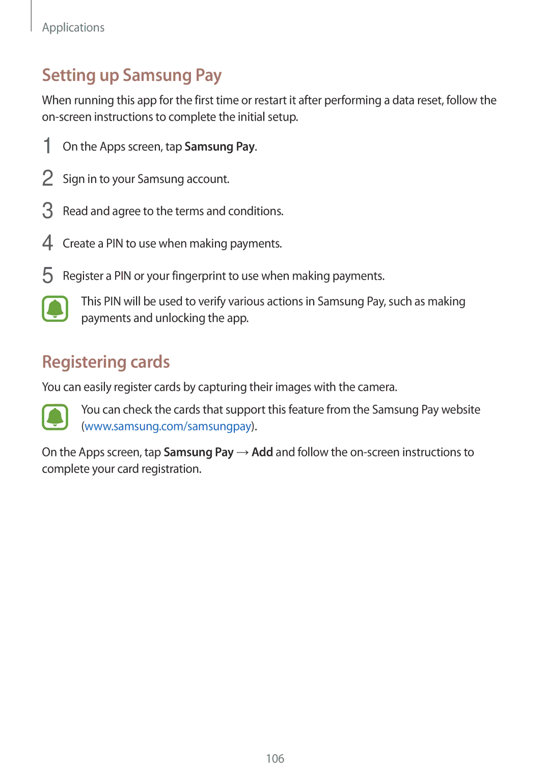 Samsung SM-A520FZKAETL, SM-A520FZIADBT, SM-A520FZBADBT, SM-A520FZKADBT manual Setting up Samsung Pay, Registering cards 