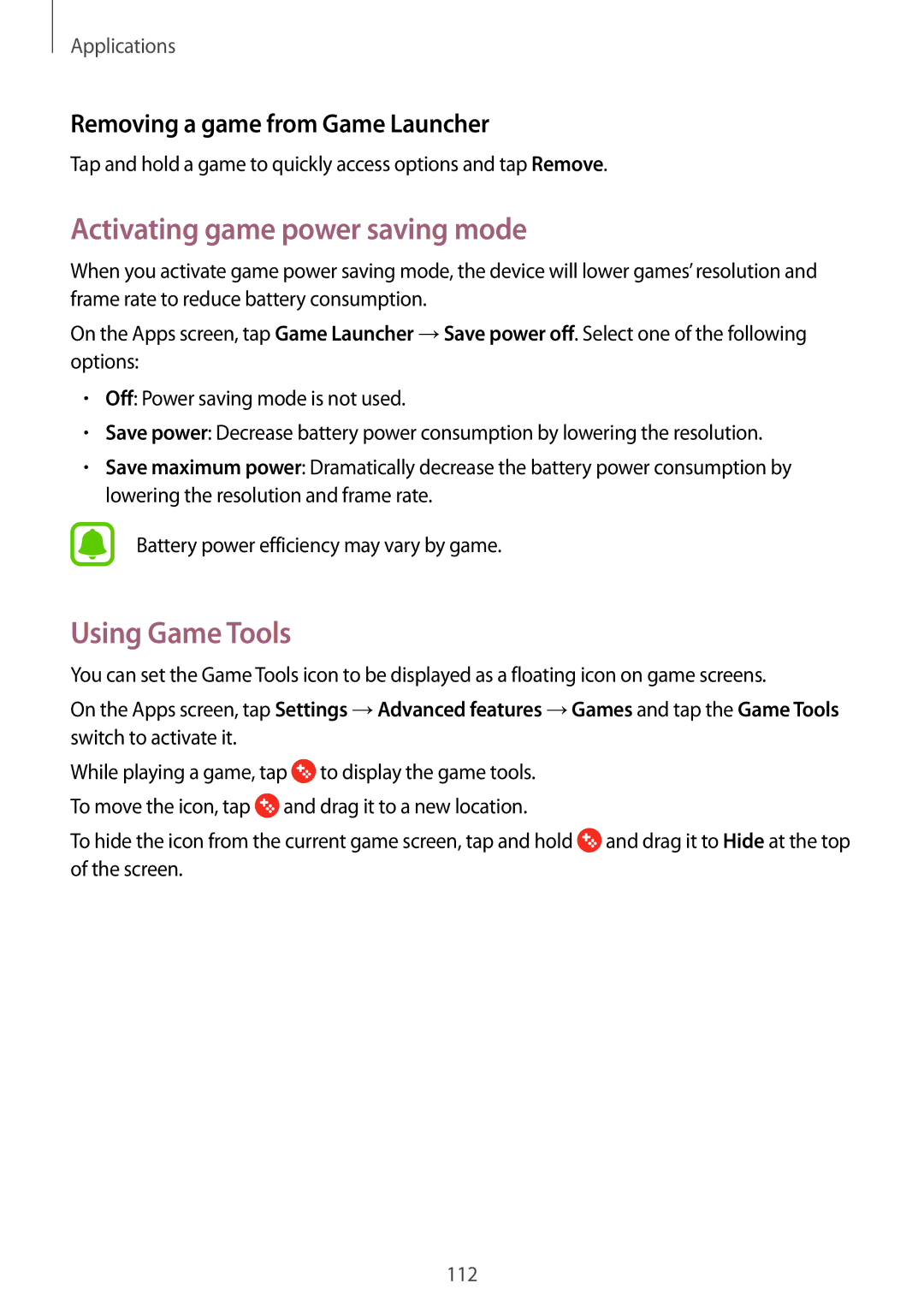 Samsung SM-A520FZDASEB manual Activating game power saving mode, Using Game Tools, Removing a game from Game Launcher 