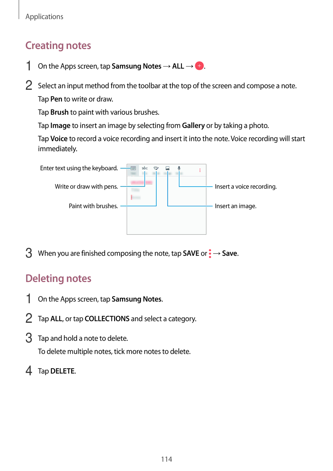 Samsung SM-A520FZKAVGR, SM-A520FZIADBT, SM-A520FZBADBT, SM-A520FZKADBT, SM-A520FZDADBT manual Creating notes, Deleting notes 