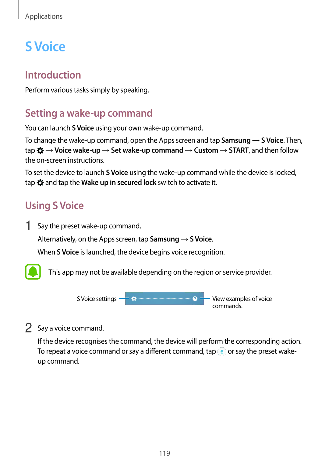 Samsung SM-A520FZDACOS, SM-A520FZIADBT, SM-A520FZBADBT, SM-A520FZKADBT manual Setting a wake-up command, Using S Voice 