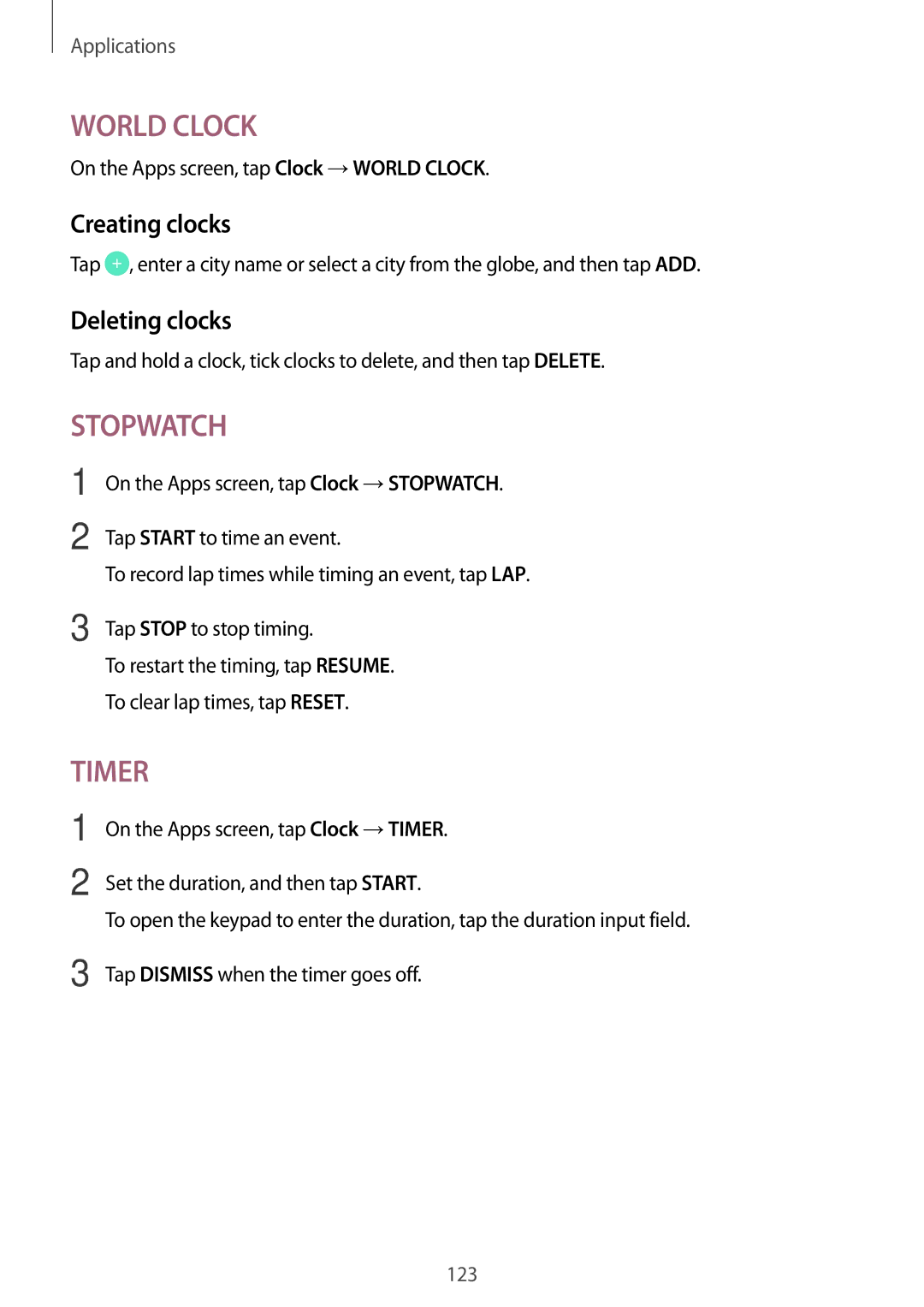 Samsung SM-A520FZKACOS, SM-A520FZIADBT, SM-A520FZBADBT, SM-A520FZKADBT, SM-A520FZDADBT manual Creating clocks, Deleting clocks 