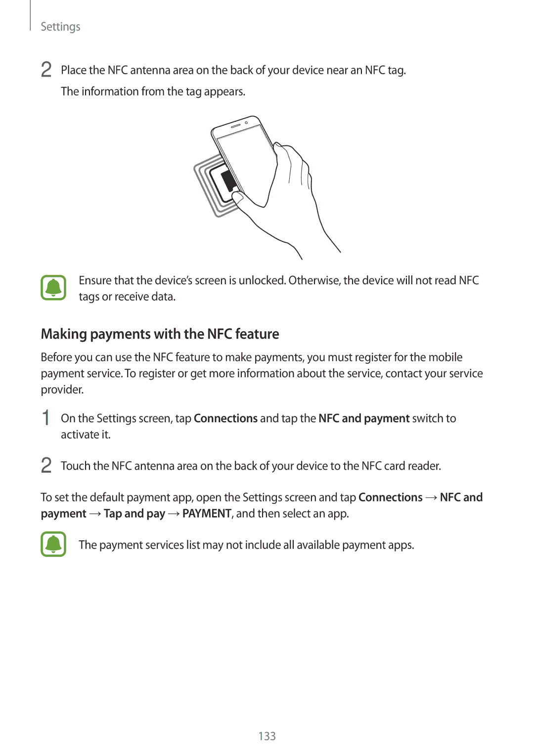 Samsung SM-A520FZBADBT, SM-A520FZIADBT, SM-A520FZKADBT, SM-A520FZDADBT, SM-A520FZBAXEF Making payments with the NFC feature 