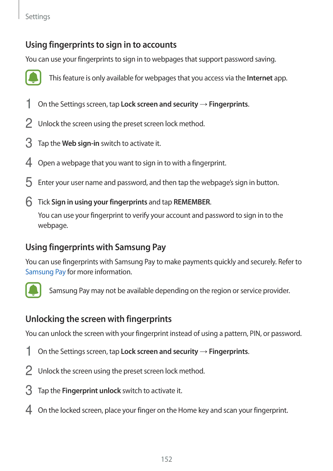 Samsung SM-A720FZIDKSA, SM-A520FZIADBT manual Using fingerprints to sign in to accounts, Using fingerprints with Samsung Pay 