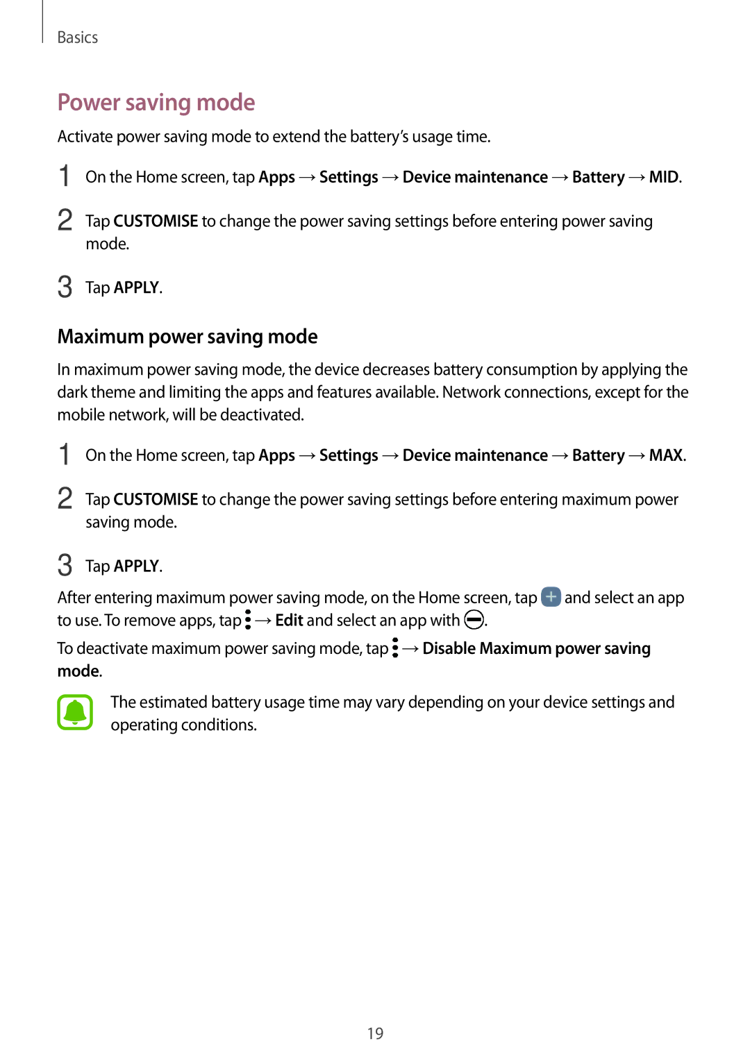 Samsung SM-A720FZDDKSA, SM-A520FZIADBT, SM-A520FZBADBT, SM-A520FZKADBT Power saving mode, Maximum power saving mode, Mode 