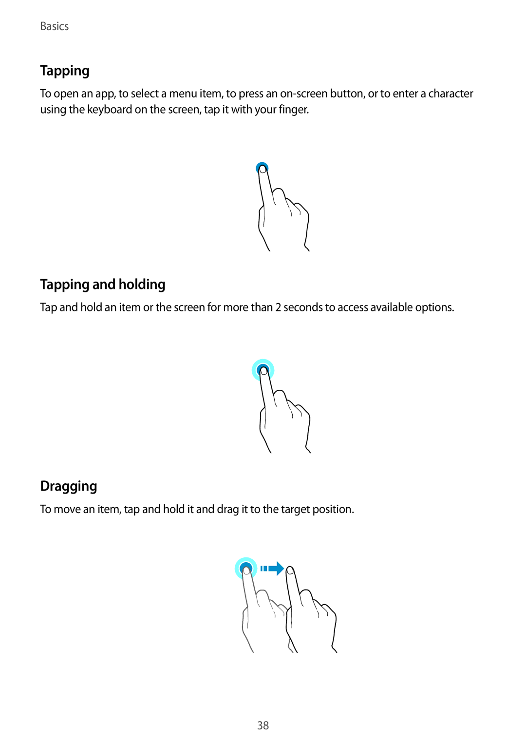 Samsung SM-A520FZDAETL, SM-A520FZIADBT, SM-A520FZBADBT, SM-A520FZKADBT, SM-A520FZDADBT manual Tapping and holding, Dragging 