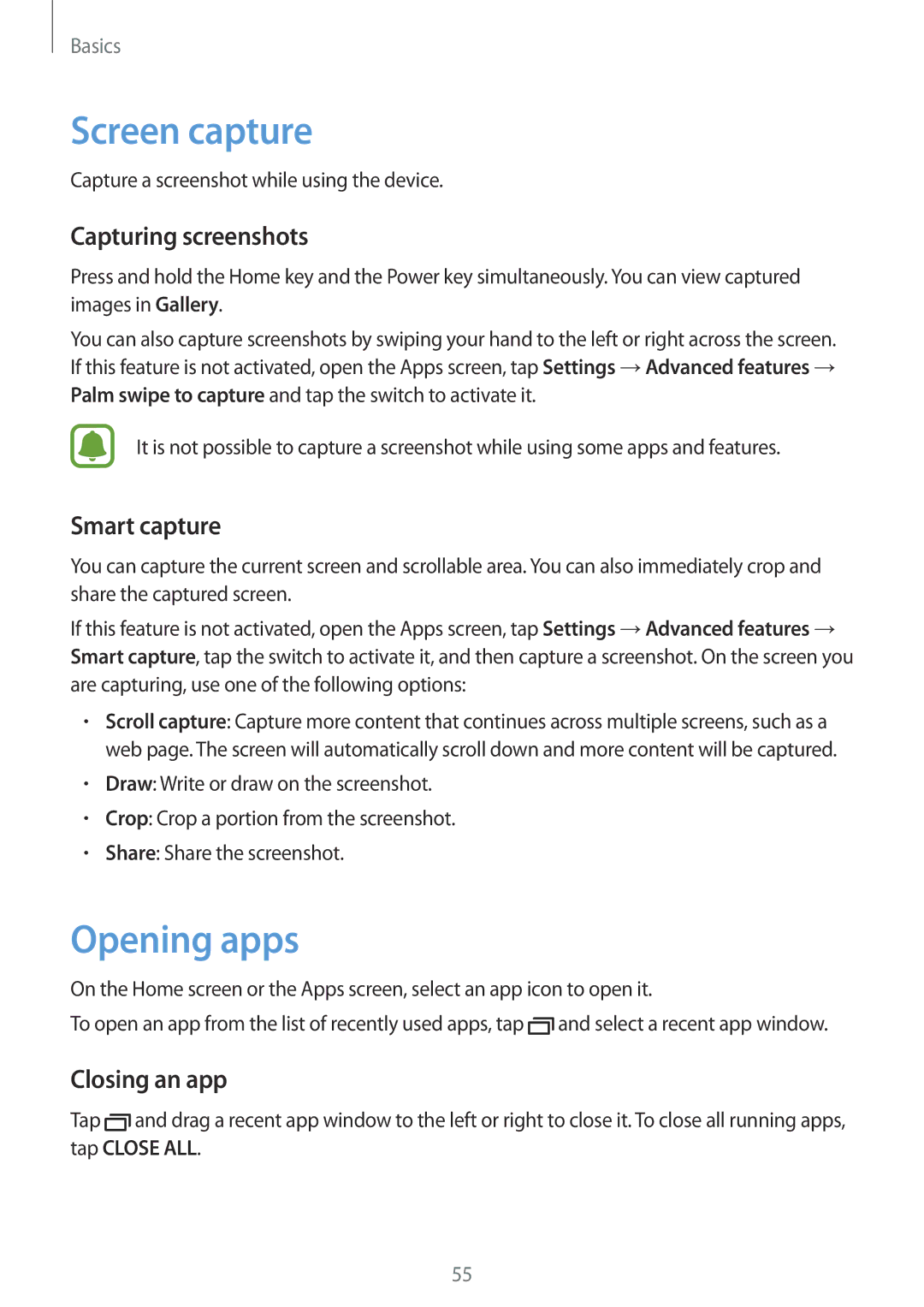 Samsung SM-A520FZKACYV, SM-A520FZIADBT Screen capture, Opening apps, Capturing screenshots, Smart capture, Closing an app 