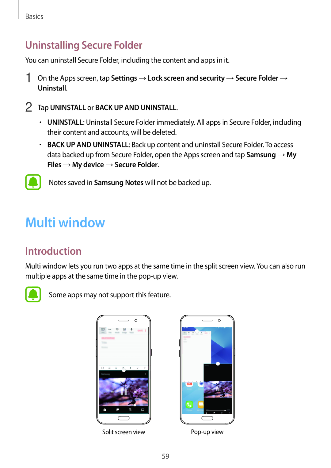 Samsung SM-A520FZBAEUR, SM-A520FZIADBT Multi window, Uninstalling Secure Folder, Tap Uninstall or Back UP and Uninstall 