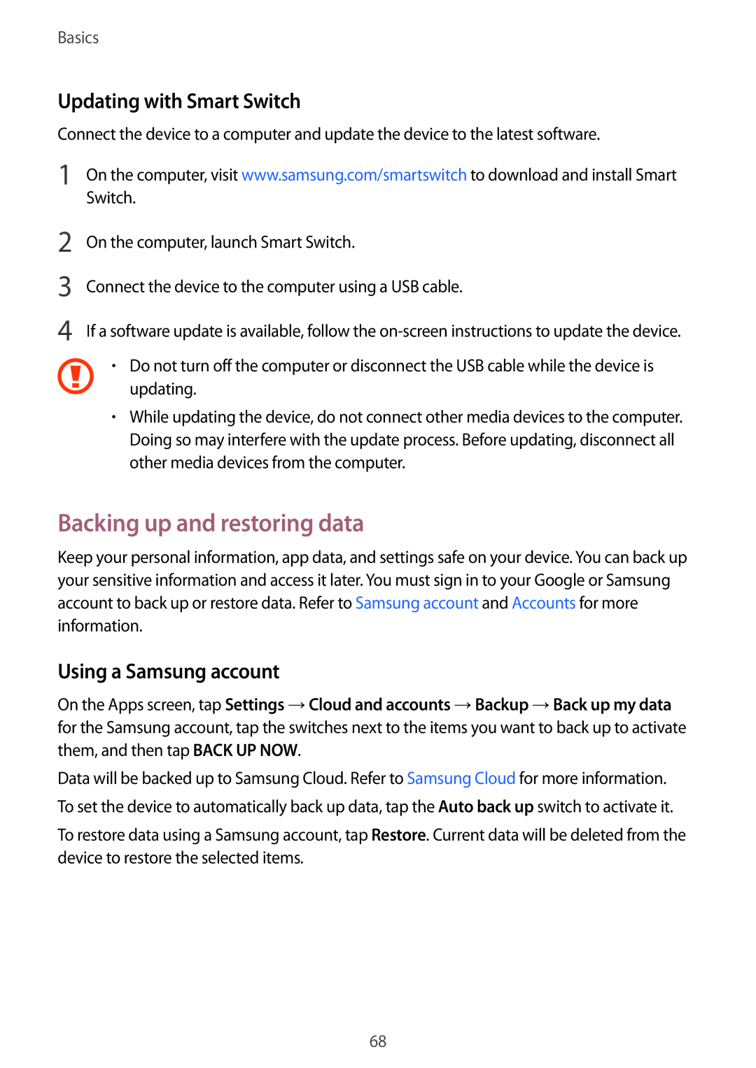 Samsung SM-A520FZKADBT, SM-A520FZIADBT Backing up and restoring data, Updating with Smart Switch, Using a Samsung account 