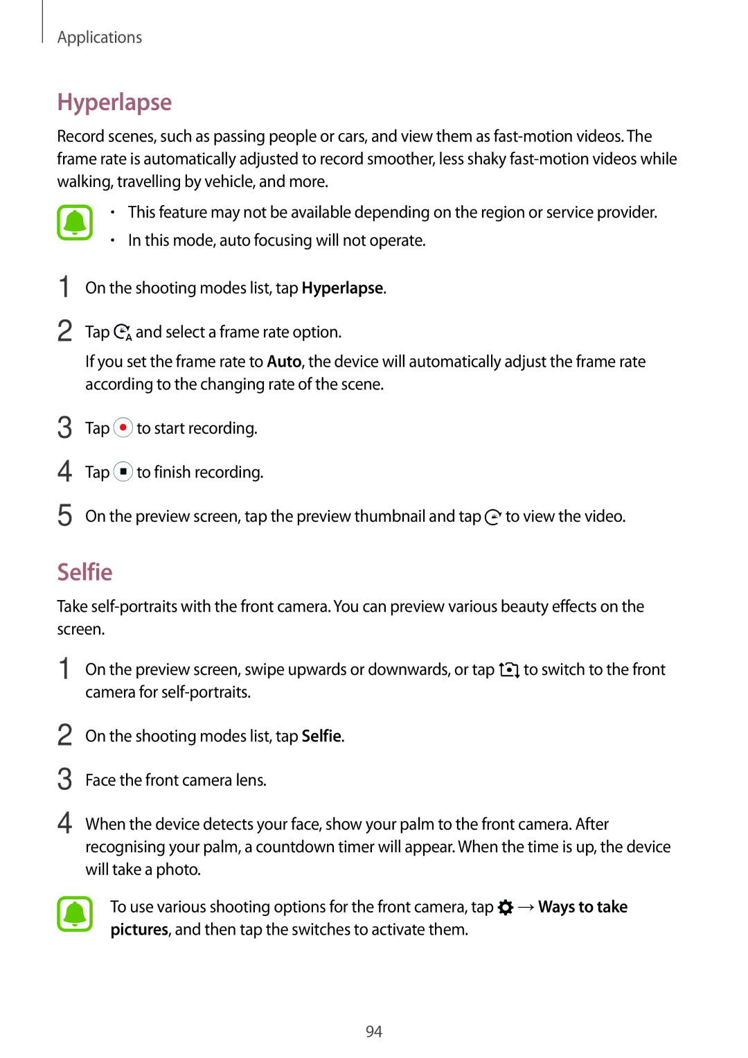 Samsung SM-A720FZKDXXV, SM-A520FZIADBT, SM-A520FZBADBT, SM-A520FZKADBT, SM-A520FZDADBT, SM-A520FZBAXEF manual Hyperlapse, Selfie 