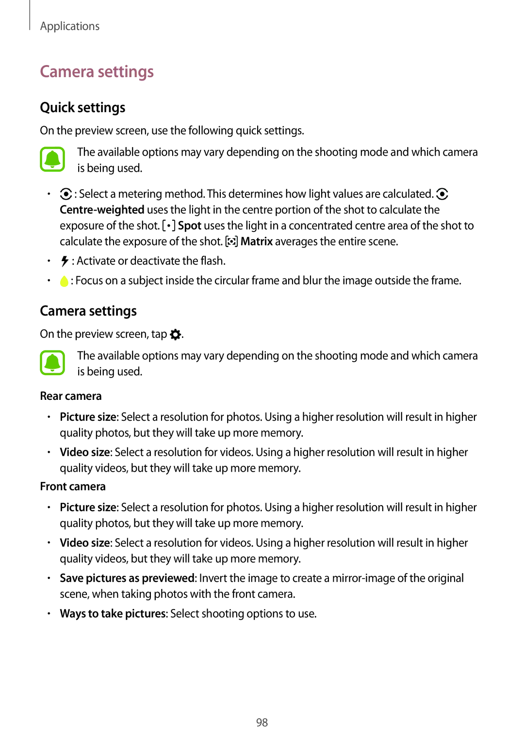 Samsung SM-A520FZKABGL, SM-A520FZIADBT, SM-A520FZBADBT manual Camera settings, Quick settings, Rear camera, Front camera 