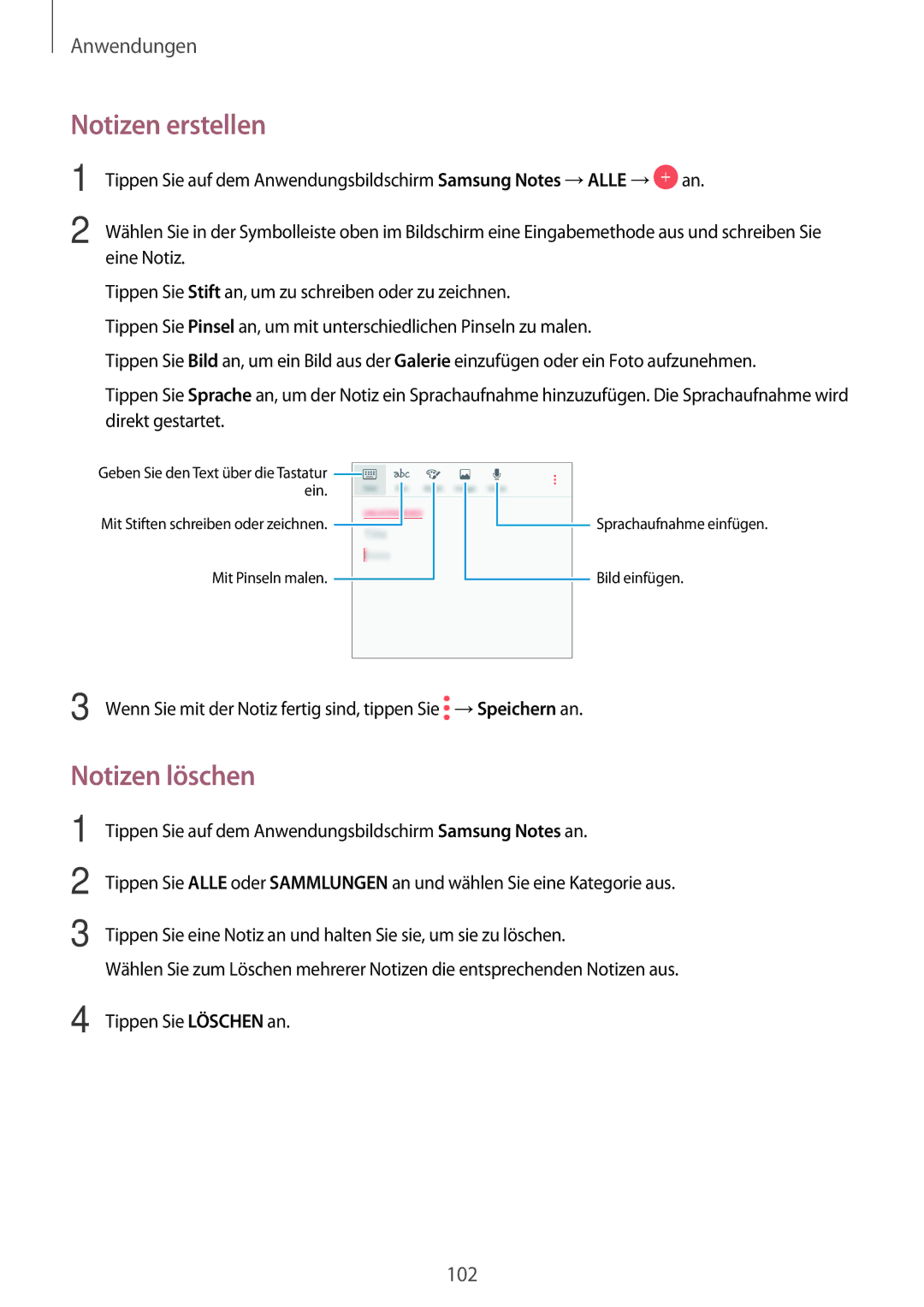 Samsung SM-A520FZKADBT, SM-A520FZIADBT, SM-A520FZBADBT, SM-A520FZDADBT manual Notizen erstellen, Notizen löschen 