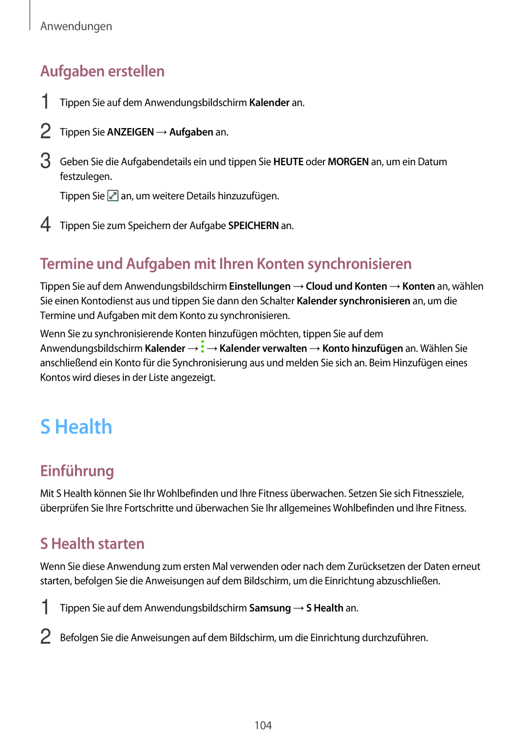 Samsung SM-A520FZIADBT manual Aufgaben erstellen, Termine und Aufgaben mit Ihren Konten synchronisieren, Health starten 