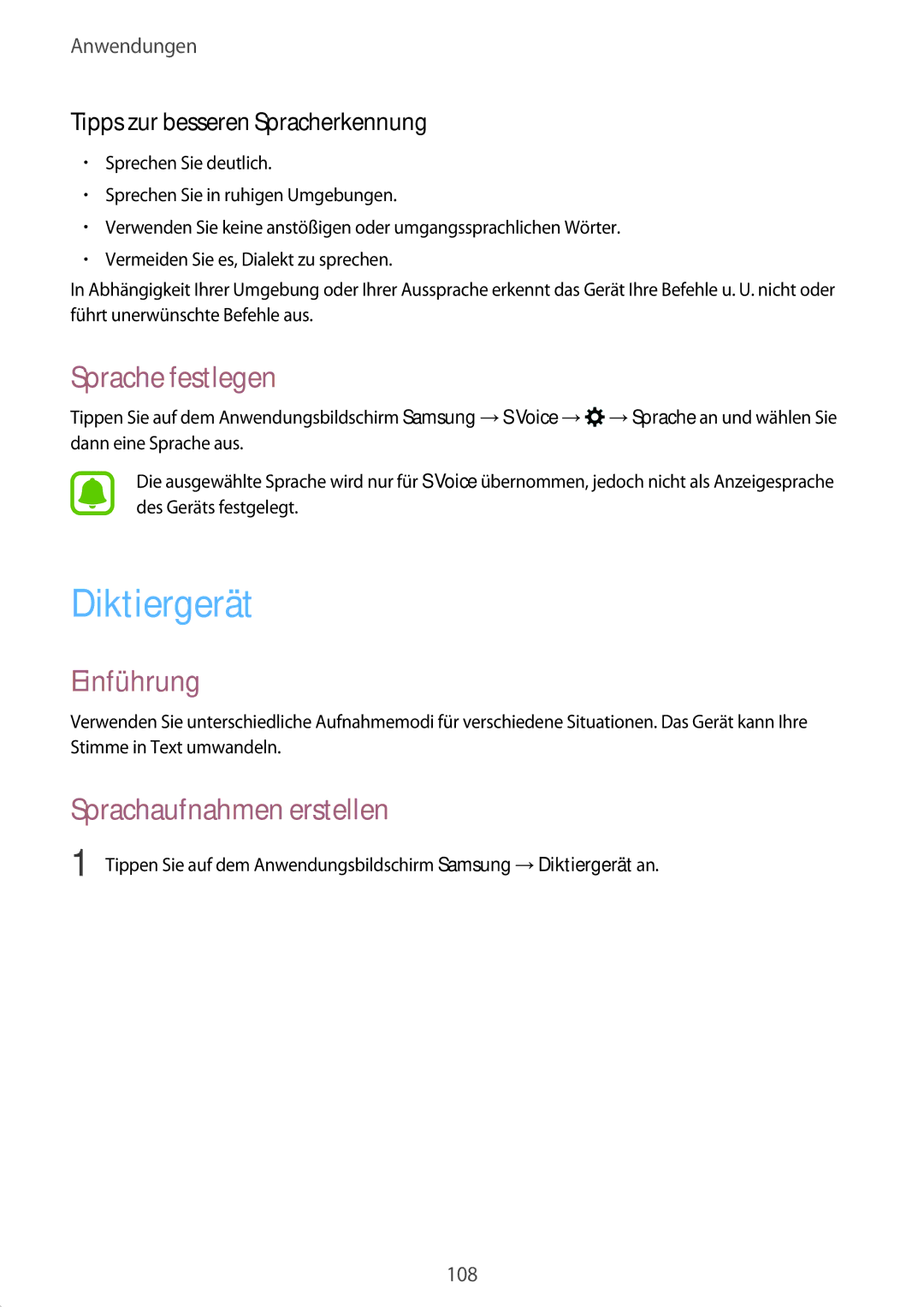 Samsung SM-A520FZIADBT Diktiergerät, Sprache festlegen, Sprachaufnahmen erstellen, Tipps zur besseren Spracherkennung 