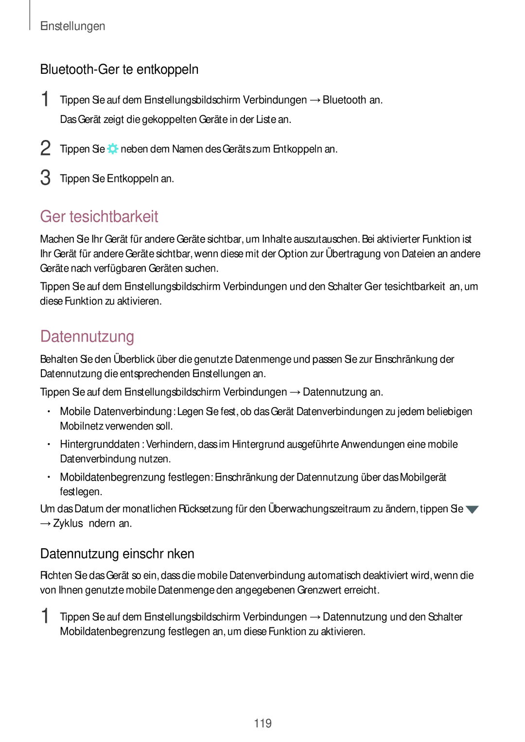 Samsung SM-A520FZDADBT Gerätesichtbarkeit, Bluetooth-Geräte entkoppeln, Datennutzung einschränken, → Zyklus ändern an 