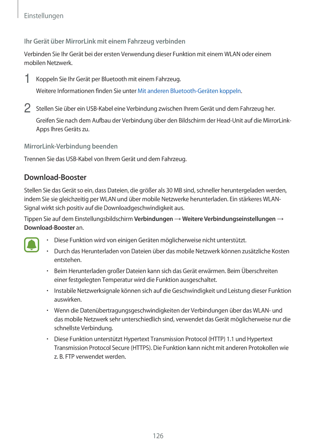 Samsung SM-A520FZKADBT, SM-A520FZIADBT manual Download-Booster, Ihr Gerät über MirrorLink mit einem Fahrzeug verbinden 